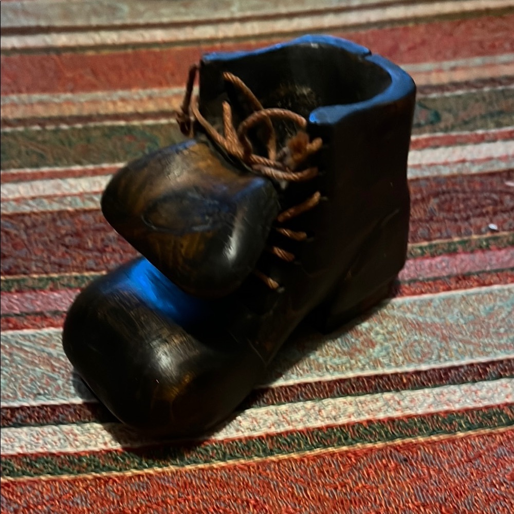 Finely Hand Carved Hardwood Wooden Boot w/Laces Toothpick Match Holder Signed